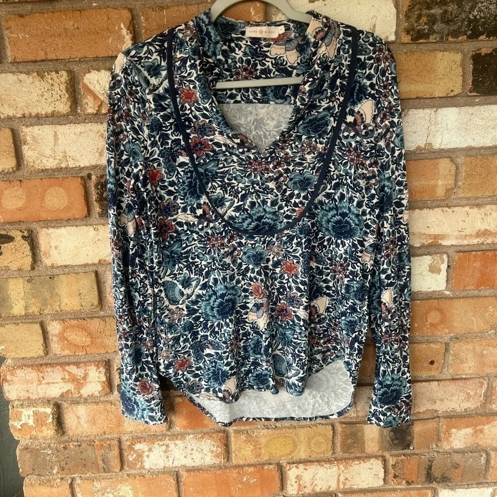 Tory Burch Silk  Floral Butterfly Print V Neck Blouse